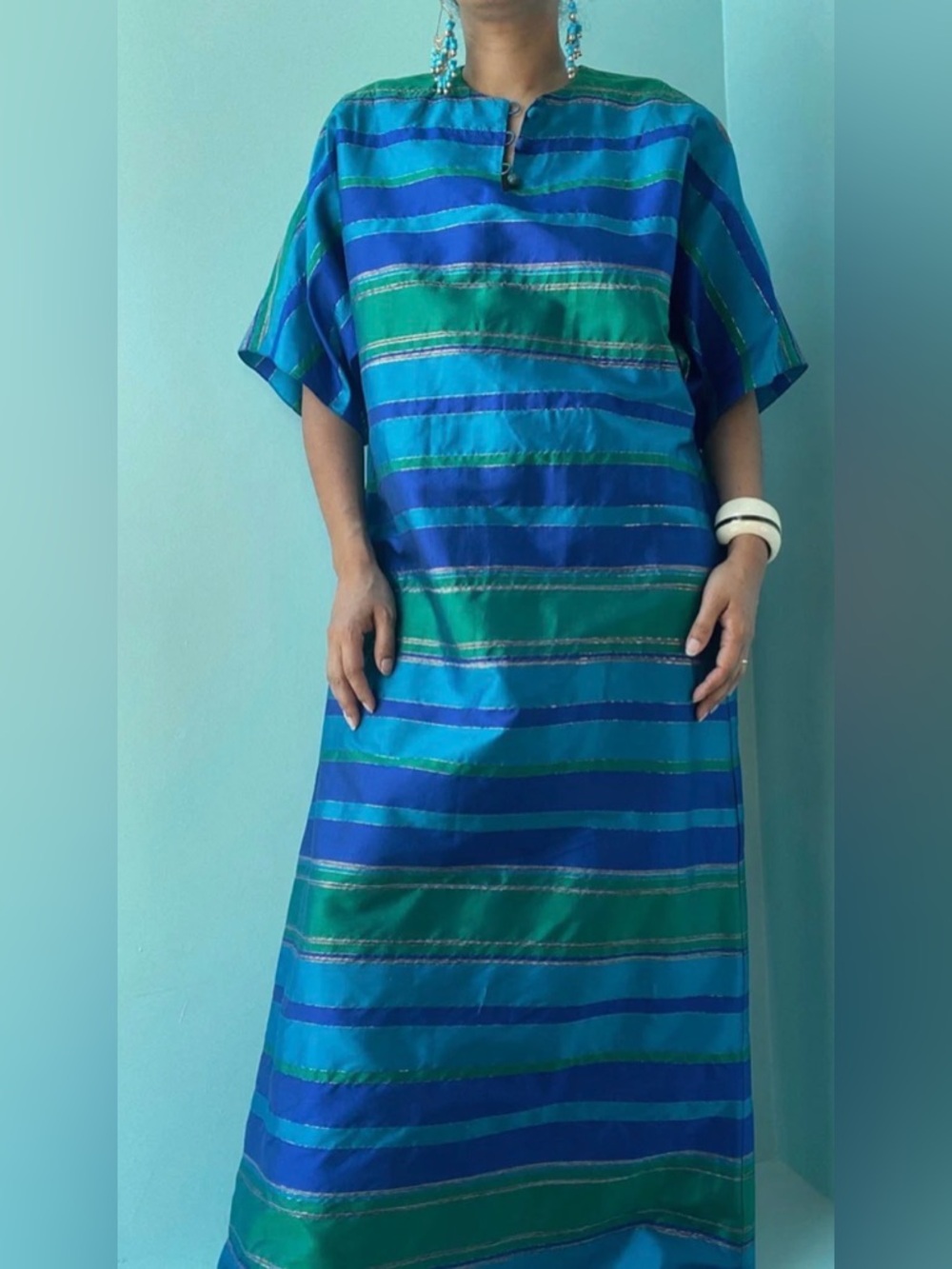 Blue and Green Striped Maxi Dress - Elegant Women’s Caftan